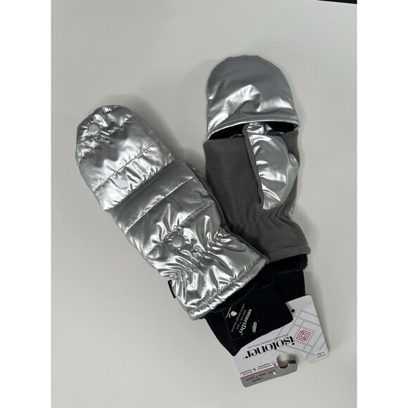 isotoner Sleek Heat Flip Mittens Quilted Silver Touchscreen Gloves Size L/XL - Picture 2 of 5